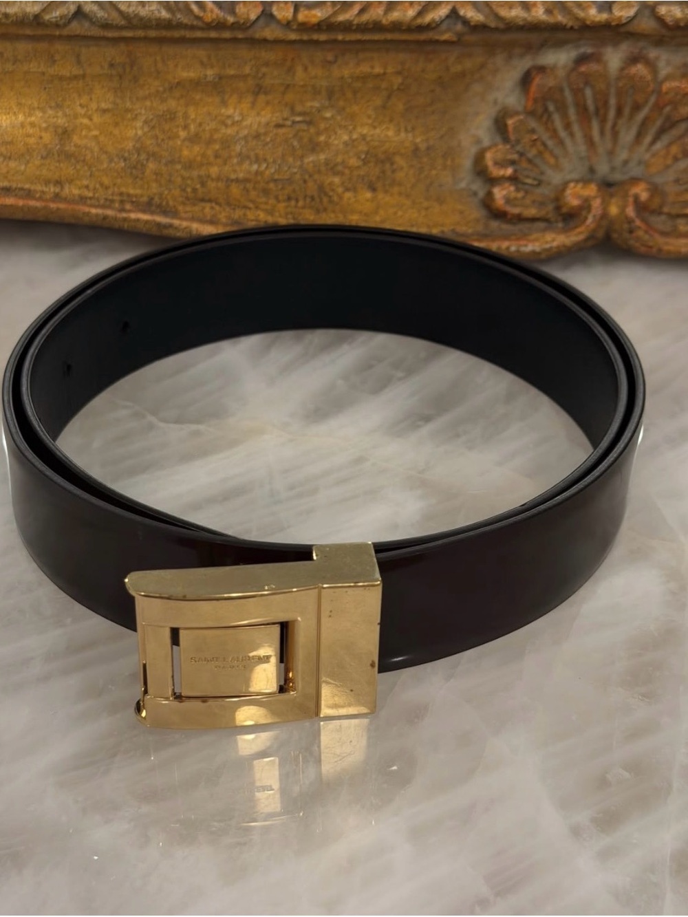 Saint Laurent Brown Leather Belt with Gold Buckle